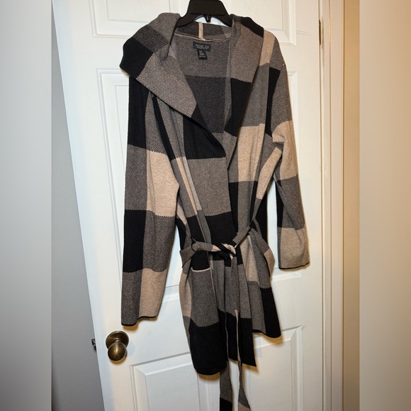 Rachel Zoe Black & Tan Hooded Wrap Tie Long Cardigan Sweater Size 3X Plus Pocket - Picture 1 of 9